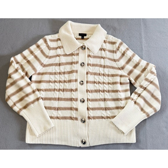 Talbots Sweaters - Talbots Striped Cable Knit Collared Cardigan Cream Tan Button Sweater M